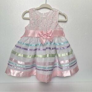 Toddler Girls Pastel Striped Ribbon & Floral Pink Formal Spring Dress size 12M